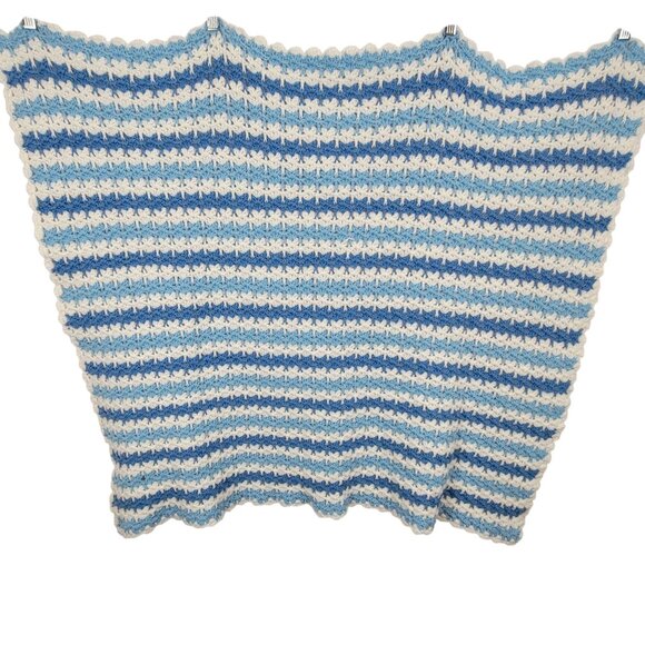 Handmade Knit Crochet Baby Blue White Striped Blanket Throw Modern Home Decor - Picture 1 of 8